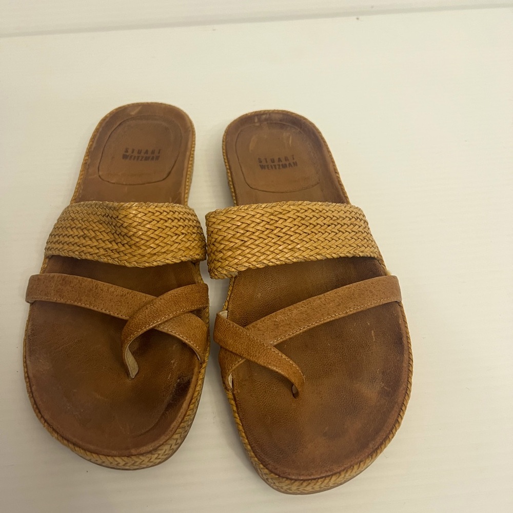 Stuart Weizmann leather woven sandals women size 8M brown/tan